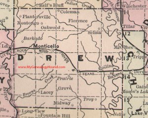 A map of Drew County, Arkansas, with Selma, and some of the other places mentioned in the story.