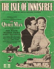 Movie poster of the 1950 film "The Quiet Man" featuring the Irish folk song "The Isle of Innisfree"